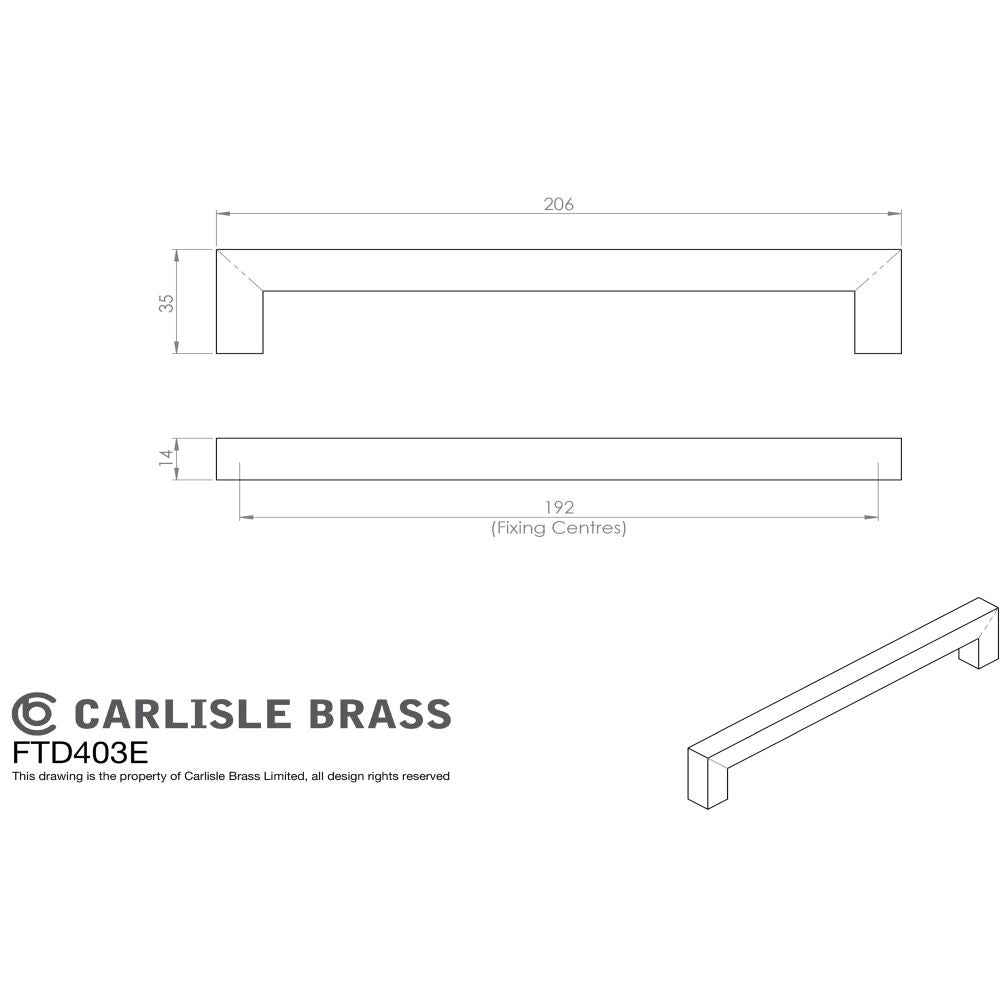 This image is a line drwaing of a FTD - Linear Handle 192mm C/C - Satin Stainless Steel available to order from Trade Door Handles in Kendal