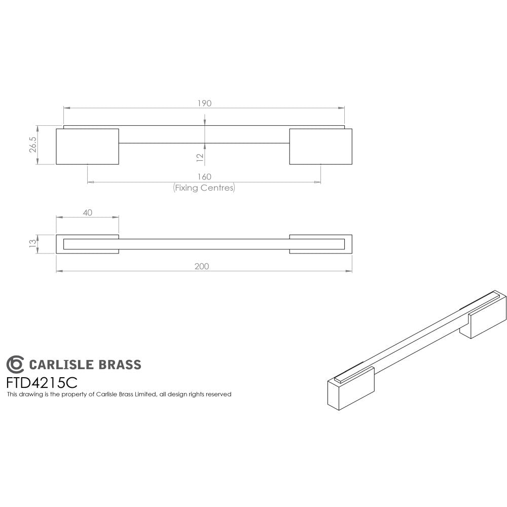 This image is a line drwaing of a FTD - Aria Handle 160mm - Polished Chrome/Matt Satin Chrome available to order from Trade Door Handles in Kendal