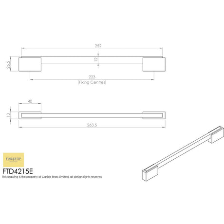 This image is a line drwaing of a FTD - Aria Handle 224mm - Polished Chrome/Matt Satin Chrome available to order from Trade Door Handles in Kendal