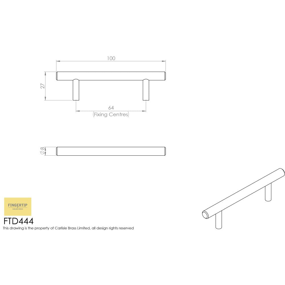 This image is a line drwaing of a FTD - Mini T-Bar Handle 64mm - Satin Nickel available to order from Trade Door Handles in Kendal