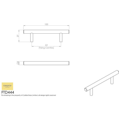 This image is a line drwaing of a FTD - Mini T-Bar Handle 64mm - Satin Nickel available to order from Trade Door Handles in Kendal