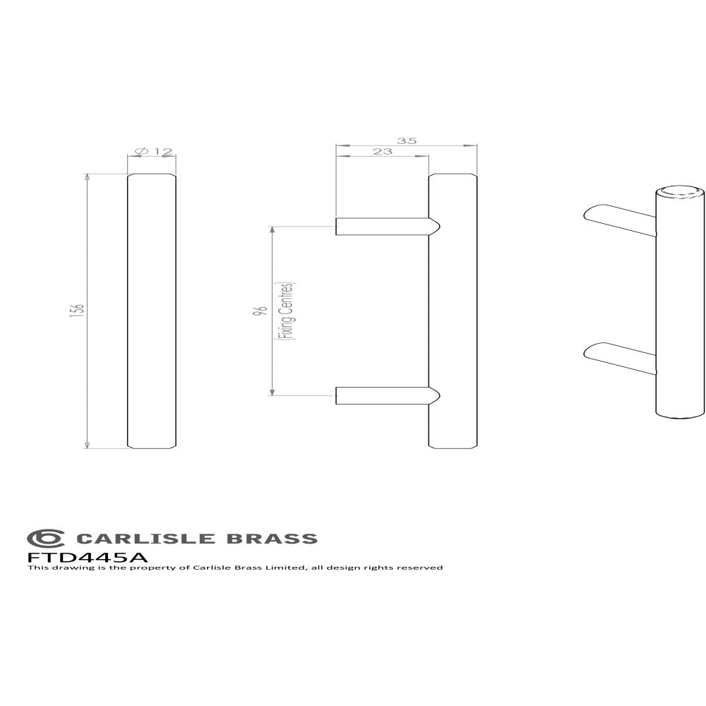 This image is a line drwaing of a FTD - Steel T-Bar Handle 96mm - Polished Chrome available to order from Trade Door Handles in Kendal