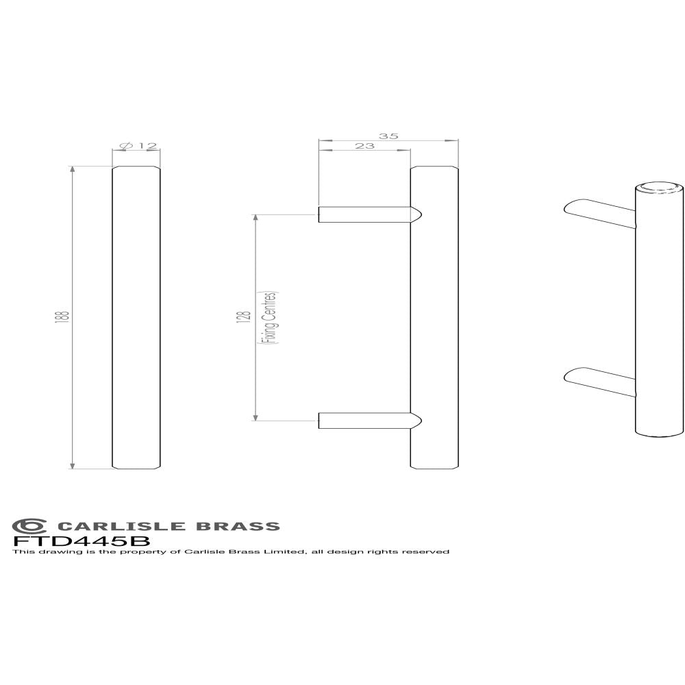 This image is a line drwaing of a FTD - Steel T-Bar Handle 128mm - Satin Nickel available to order from Trade Door Handles in Kendal