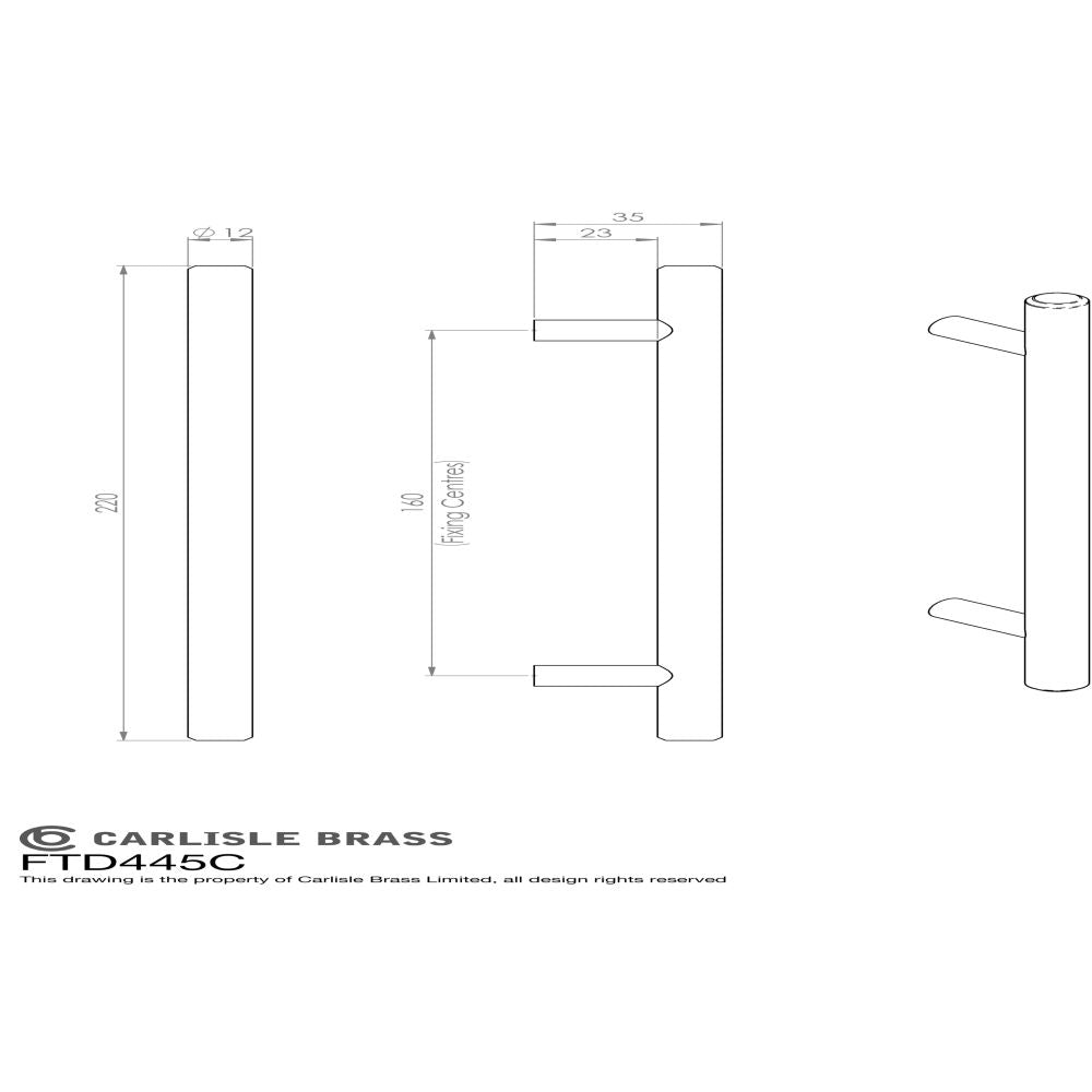 This image is a line drwaing of a FTD - Steel T-Bar Handle 160mm - Satin Nickel available to order from Trade Door Handles in Kendal