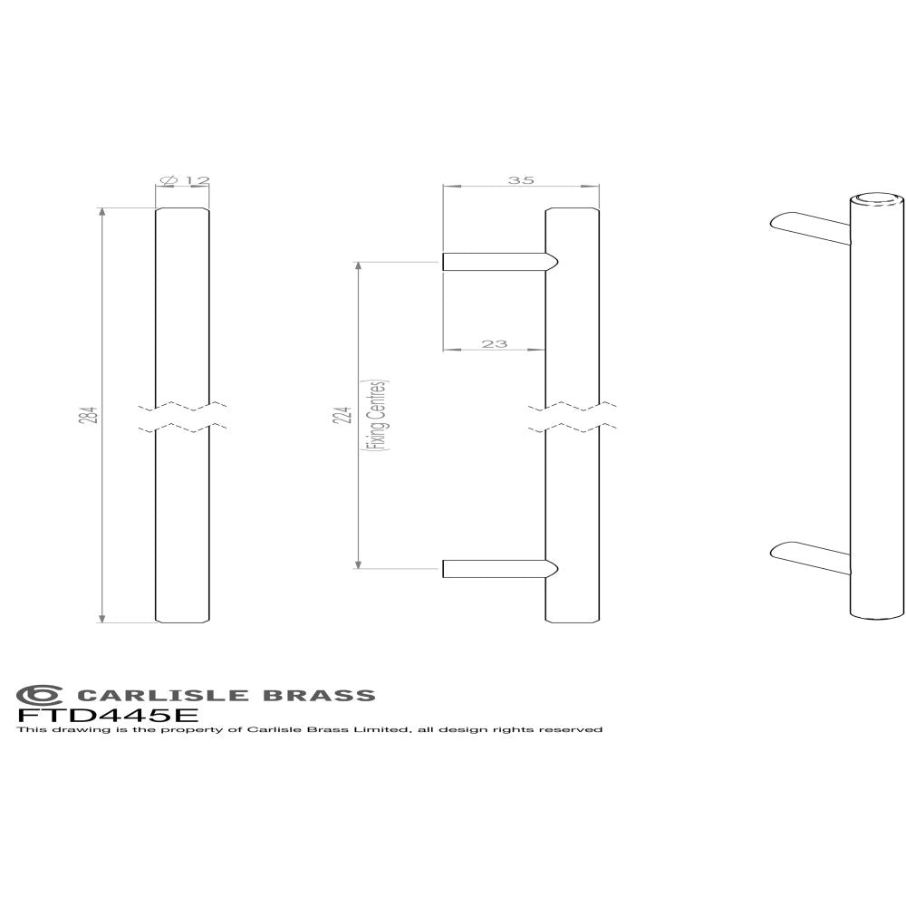 This image is a line drwaing of a FTD - Steel T-Bar Handle 224mm - Satin Nickel available to order from Trade Door Handles in Kendal