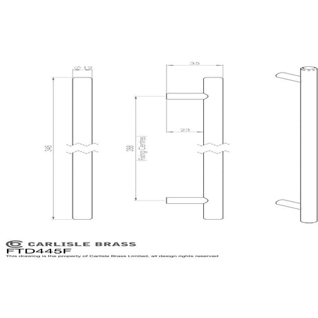 This image is a line drwaing of a Carlisle Brass - Steel T-Bar Handle 288mm - Antique Brass available to order from Trade Door Handles in Kendal