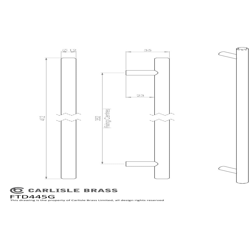 This image is a line drwaing of a FTD - Steel T-Bar Handle 352mm - Satin Nickel available to order from Trade Door Handles in Kendal