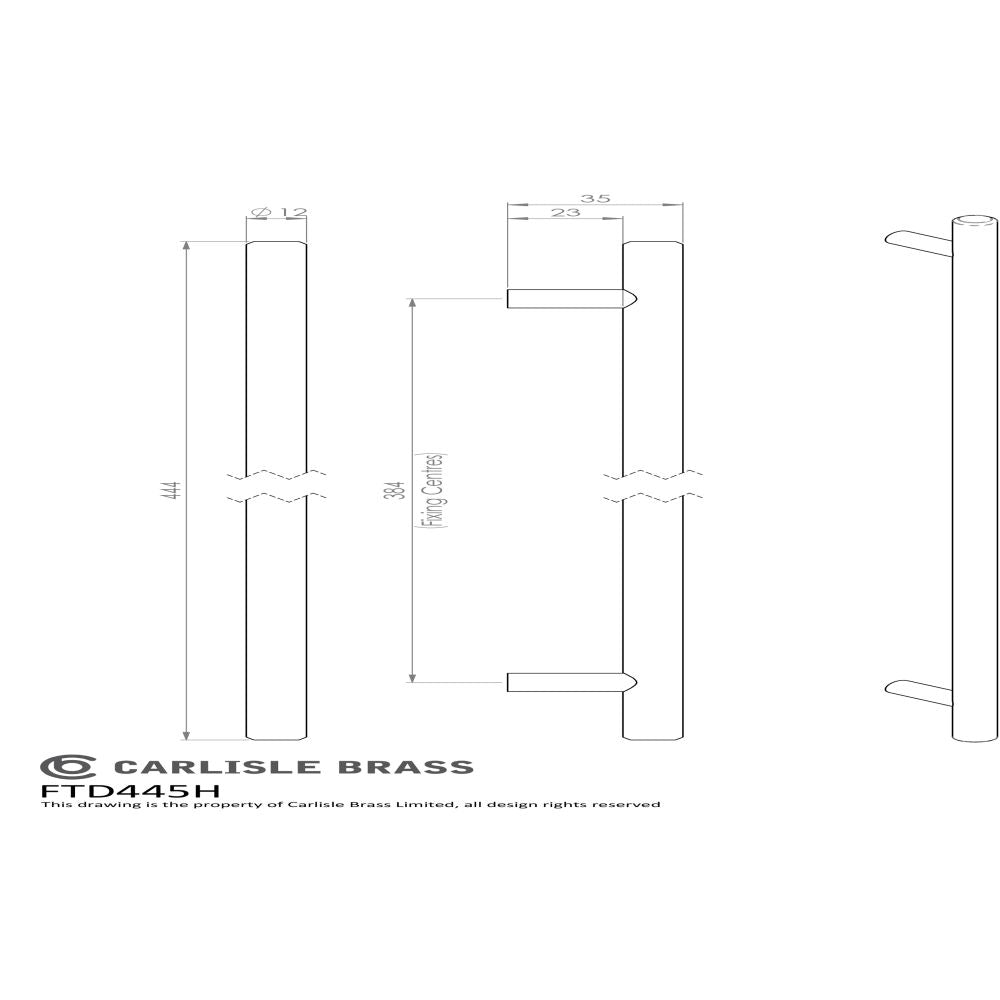 This image is a line drwaing of a FTD - Steel T-Bar Handle 384mm - Satin Nickel available to order from Trade Door Handles in Kendal