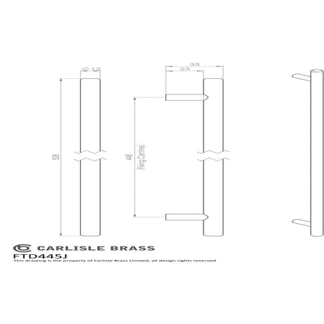 This image is a line drwaing of a FTD - Steel T-Bar Handle 448mm - Satin Nickel available to order from Trade Door Handles in Kendal