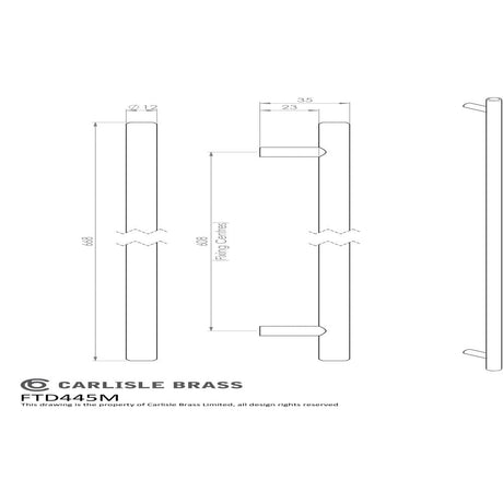 This image is a line drwaing of a FTD - Steel T-Bar Handle 608mm - Satin Nickel available to order from Trade Door Handles in Kendal