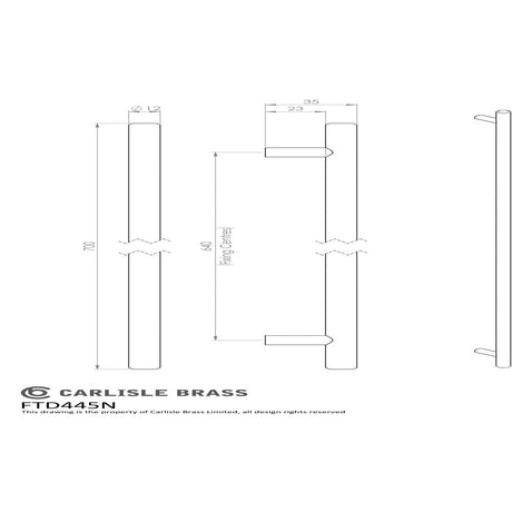 This image is a line drwaing of a FTD - Steel T-Bar Handle 640mm - Satin Nickel available to order from Trade Door Handles in Kendal