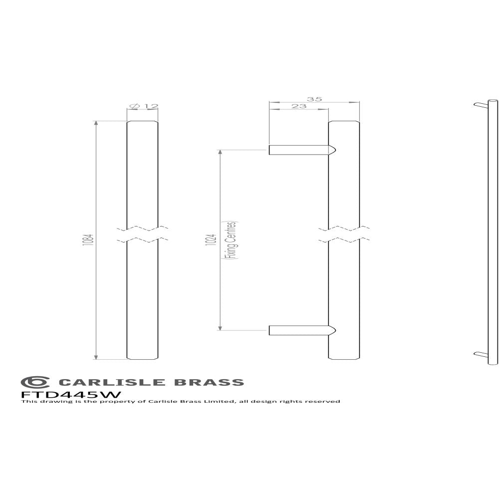 This image is a line drwaing of a FTD - Steel T-Bar Handle 1024mm - Satin Nickel available to order from Trade Door Handles in Kendal