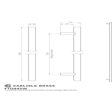 This image is a line drwaing of a FTD - Steel T-Bar Handle 1024mm - Satin Nickel available to order from Trade Door Handles in Kendal