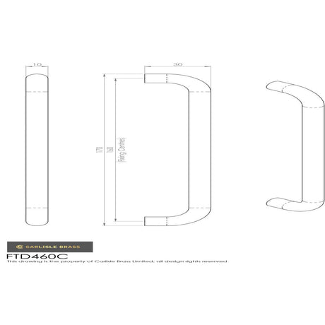 This image is a line drwaing of a FTD - D Handle 160mm - Satin Nickel available to order from Trade Door Handles in Kendal