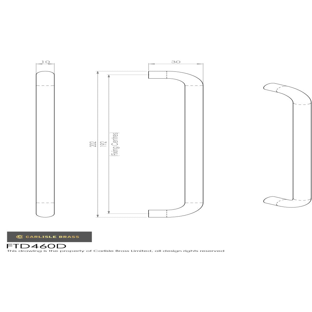 This image is a line drwaing of a FTD - D Handle 192mm - Satin Nickel available to order from Trade Door Handles in Kendal