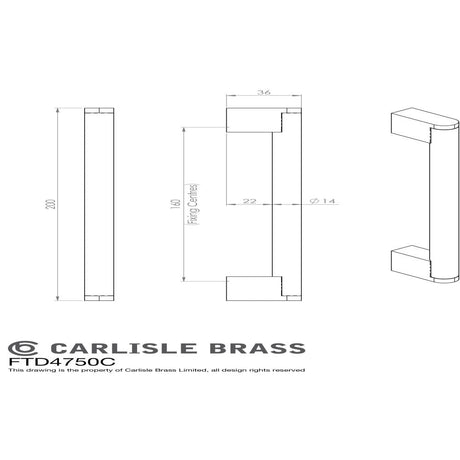 This image is a line drwaing of a FTD - Bar Handle 160mm - Satin Nickel/Stainless Steel available to order from Trade Door Handles in Kendal