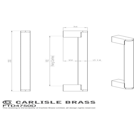 This image is a line drwaing of a FTD - Bar Handle 192mm - Satin Nickel/Stainless Steel available to order from Trade Door Handles in Kendal