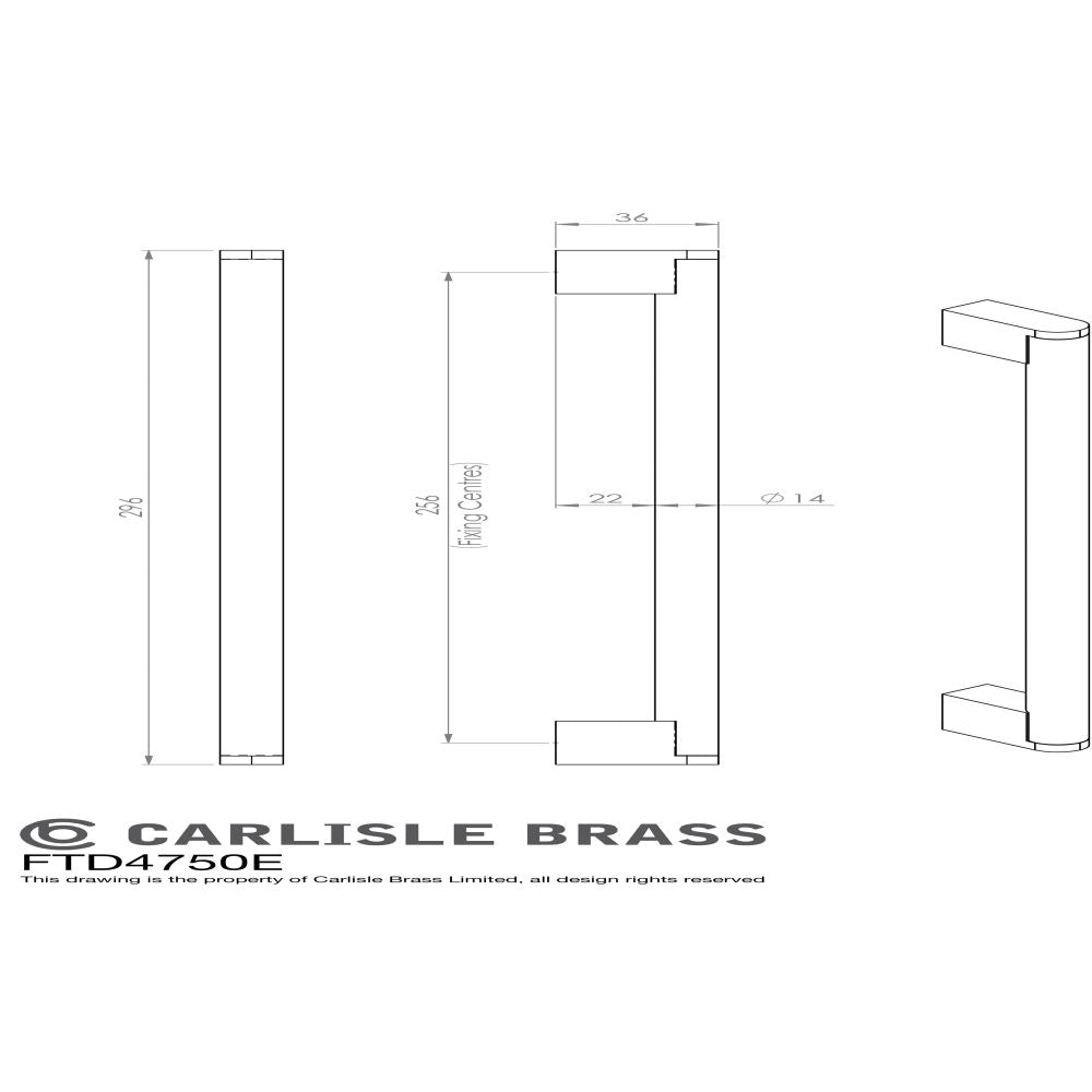 This image is a line drwaing of a FTD - Bar Handle 256mm - Satin Nickel/Stainless Steel available to order from Trade Door Handles in Kendal