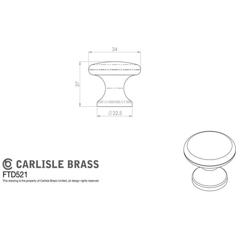 This image is a line drwaing of a FTD - Temperance Knob 35mm - Antique Brass available to order from Trade Door Handles in Kendal