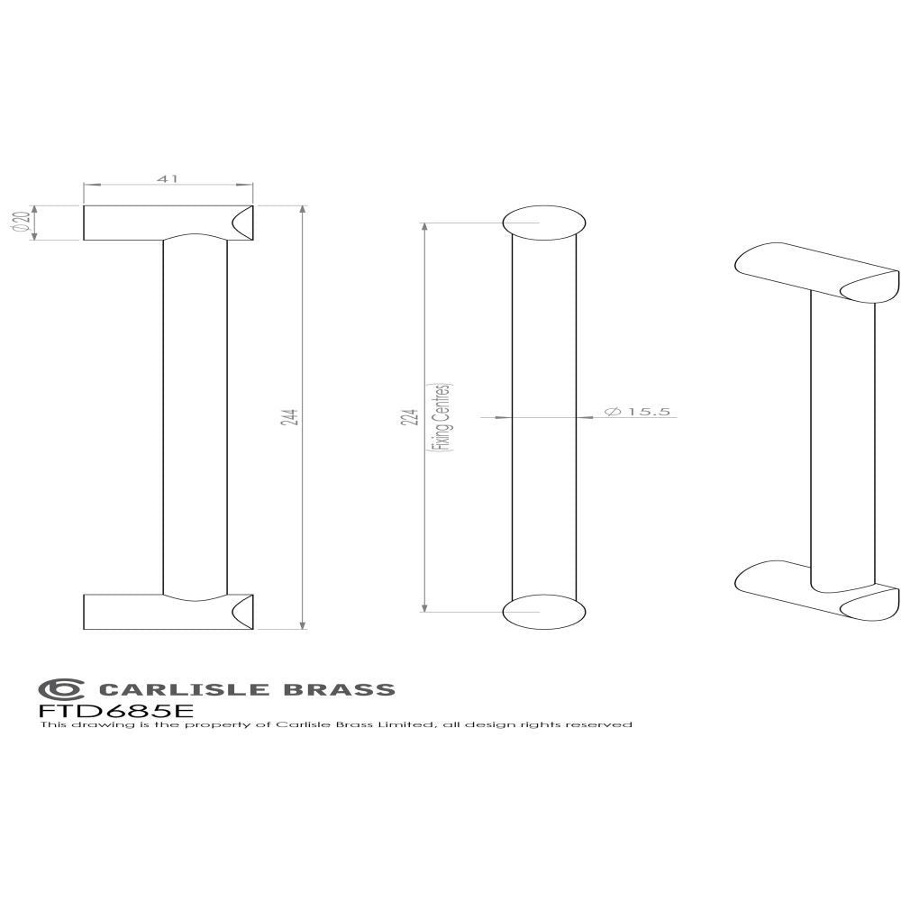 This image is a line drwaing of a FTD - Bar Handle 224mm - Satin Nickel available to order from Trade Door Handles in Kendal