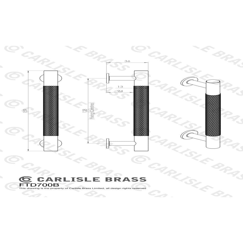 This image is a line drwaing of a FTD - Knurled Pull Handle 128mm c/c - Satin Nickel available to order from Trade Door Handles in Kendal