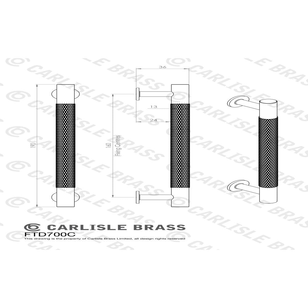 This image is a line drwaing of a FTD - Knurled Pull Handle 160mm c/c - Satin Nickel available to order from Trade Door Handles in Kendal