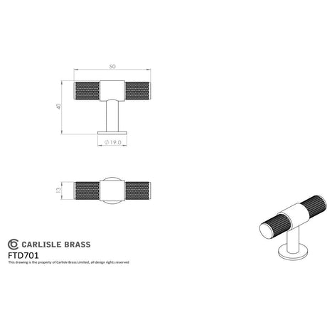 This image is a line drwaing of a FTD - Knurled T-bar Knob - Satin Brass available to order from Trade Door Handles in Kendal