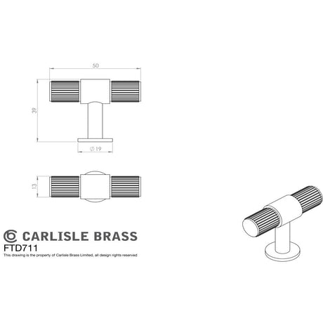 This image is a line drwaing of a Carlisle Brass - Lines T-Bar Knob - Satin Brass available to order from Trade Door Handles in Kendal