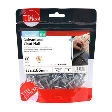 This is an image showing TIMCO Clout Nails - Galvanised - 25 x 2.65 - 0.5 Kilograms TIMbag available from T.H Wiggans Ironmongery in Kendal, quick delivery at discounted prices.