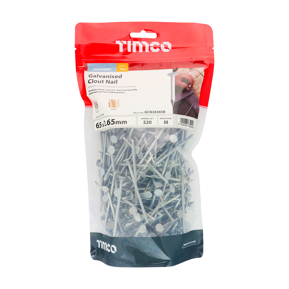 This is an image showing TIMCO Clout Nails - Galvanised - 65 x 2.65 - 1 Kilograms TIMbag available from T.H Wiggans Ironmongery in Kendal, quick delivery at discounted prices.