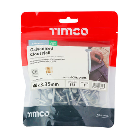 This is an image showing TIMCO Clout Nails - Galvanised - 40 x 3.35 - 0.5 Kilograms TIMbag available from T.H Wiggans Ironmongery in Kendal, quick delivery at discounted prices.