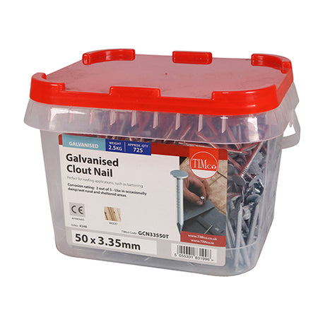 This is an image showing TIMCO Clout Nails - Galvanised - 50 x 3.35 - 2.5 Kilograms TIMtub available from T.H Wiggans Ironmongery in Kendal, quick delivery at discounted prices.