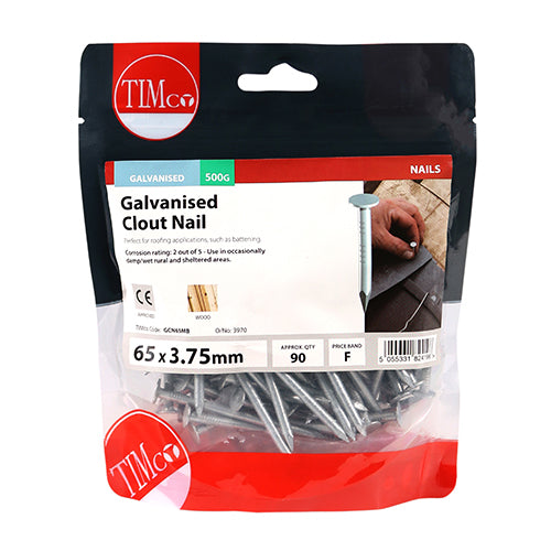 This is an image showing TIMCO Clout Nails - Galvanised - 65 x 3.75 - 0.5 Kilograms TIMbag available from T.H Wiggans Ironmongery in Kendal, quick delivery at discounted prices.