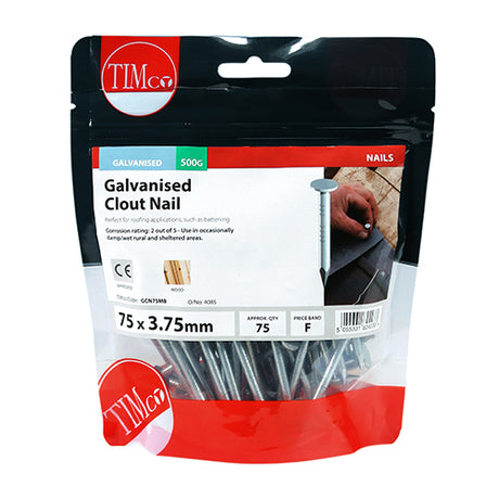 This is an image showing TIMCO Clout Nails - Galvanised - 75 x 3.75 - 0.5 Kilograms TIMbag available from T.H Wiggans Ironmongery in Kendal, quick delivery at discounted prices.