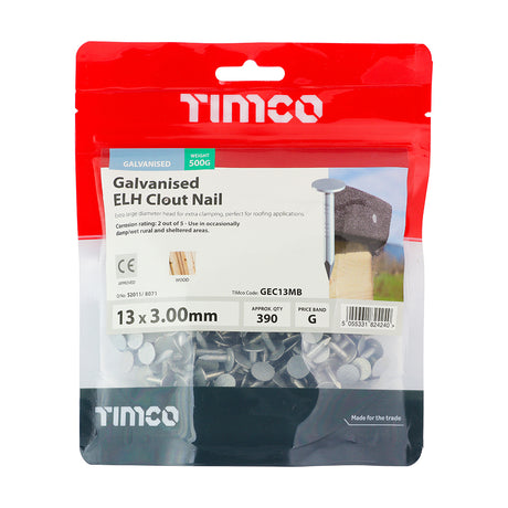 This is an image showing TIMCO Extra Large Head Clout Nails - Galvanised - 13 x 3.00 - 0.5 Kilograms TIMbag available from T.H Wiggans Ironmongery in Kendal, quick delivery at discounted prices.