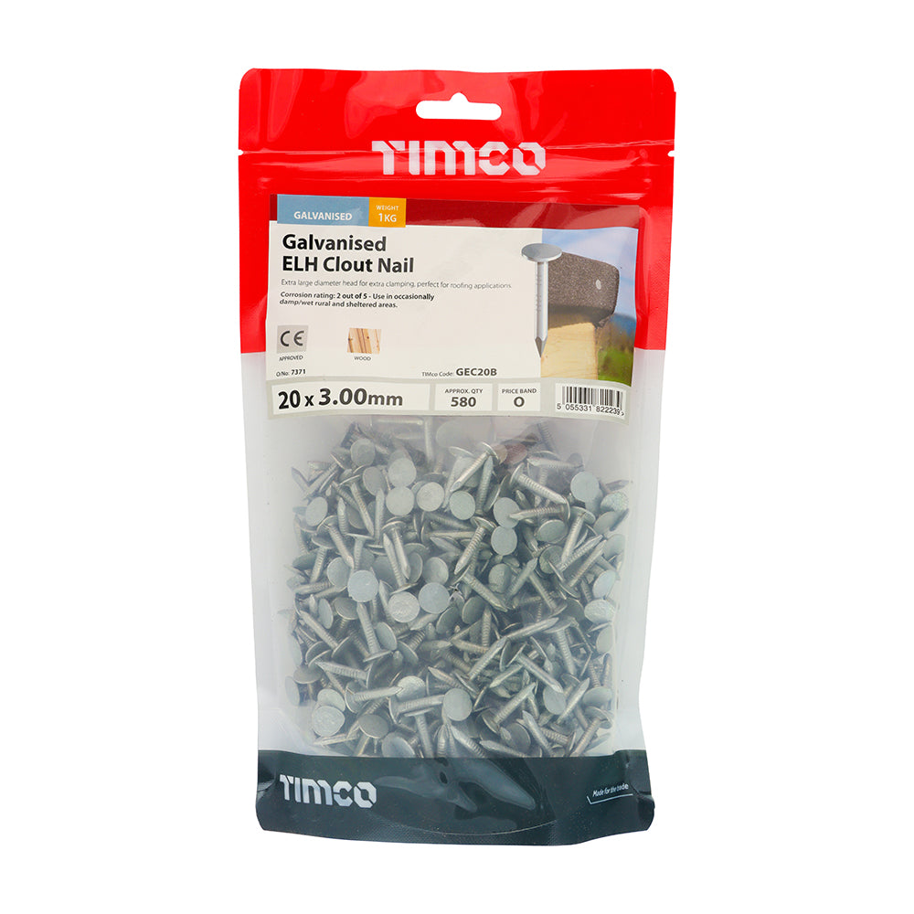 This is an image showing TIMCO Extra Large Head Clout Nails - Galvanised - 20 x 3.00 - 1 Kilograms TIMbag available from T.H Wiggans Ironmongery in Kendal, quick delivery at discounted prices.