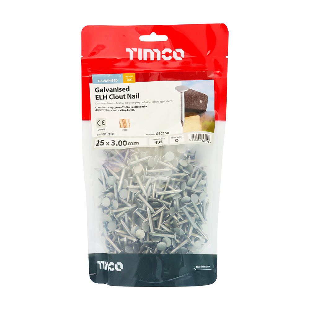 This is an image showing TIMCO Extra Large Head Clout Nails - Galvanised - 25 x 3.00 - 1 Kilograms TIMbag available from T.H Wiggans Ironmongery in Kendal, quick delivery at discounted prices.