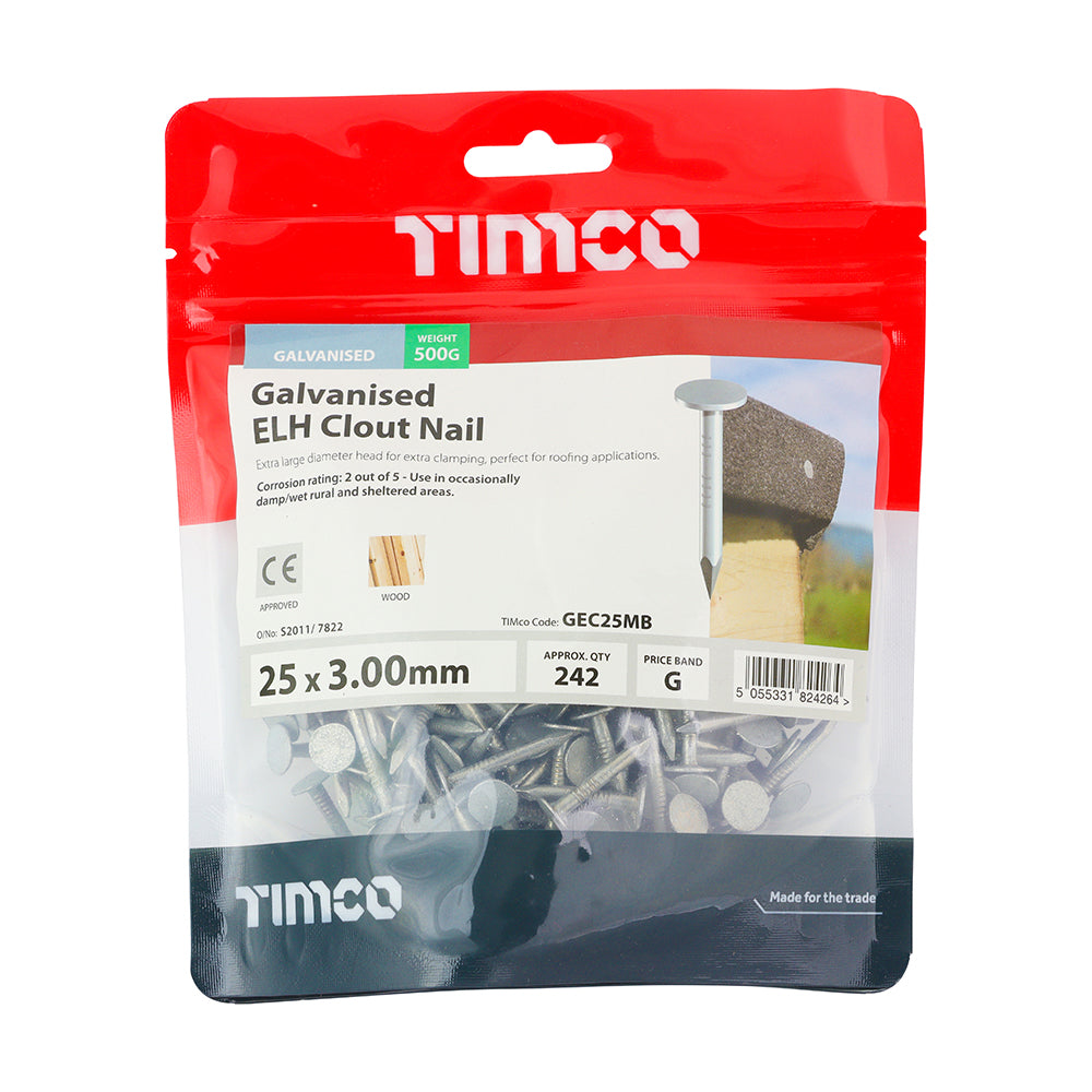 This is an image showing TIMCO Extra Large Head Clout Nails - Galvanised - 25 x 3.00 - 0.5 Kilograms TIMbag available from T.H Wiggans Ironmongery in Kendal, quick delivery at discounted prices.