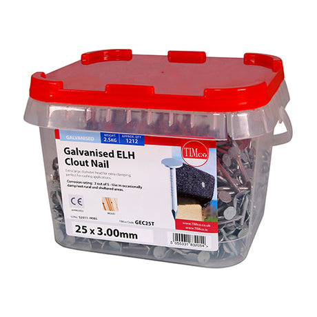 This is an image showing TIMCO Extra Large Head Clout Nails - Galvanised - 25 x 3.00 - 2.5 Kilograms TIMtub available from T.H Wiggans Ironmongery in Kendal, quick delivery at discounted prices.