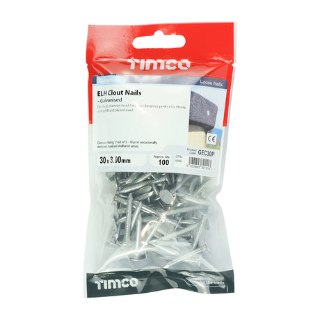 This is an image showing TIMCO Extra Large Head Clout Nails - Galvanised - 30 x 3.00 - 100 Pieces TIMpac available from T.H Wiggans Ironmongery in Kendal, quick delivery at discounted prices.