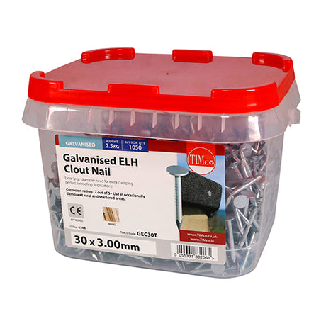 This is an image showing TIMCO Extra Large Head Clout Nails - Galvanised - 30 x 3.00 - 2.5 Kilograms TIMtub available from T.H Wiggans Ironmongery in Kendal, quick delivery at discounted prices.