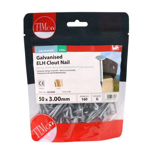 This is an image showing TIMCO Extra Large Head Clout Nails - Galvanised - 50 x 3.00 - 0.5 Kilograms TIMbag available from T.H Wiggans Ironmongery in Kendal, quick delivery at discounted prices.