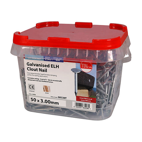 This is an image showing TIMCO Extra Large Head Clout Nails - Galvanised - 50 x 3.00 - 2.5 Kilograms TIMtub available from T.H Wiggans Ironmongery in Kendal, quick delivery at discounted prices.