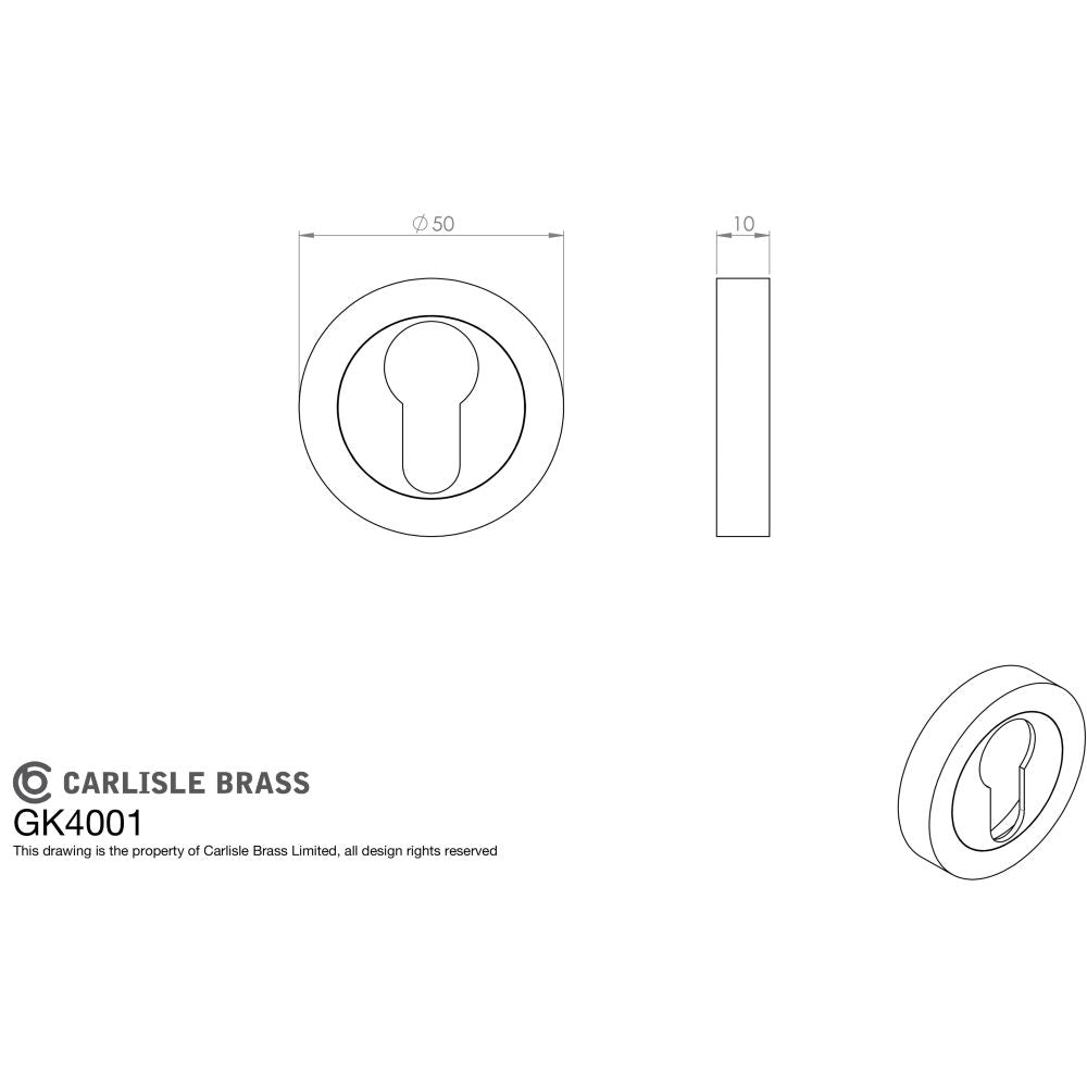 This image is a line drwaing of a Carlisle Brass - Euro Profile Escutcheon - Satin Nickel / Polished Chrome available to order from Trade Door Handles in Kendal