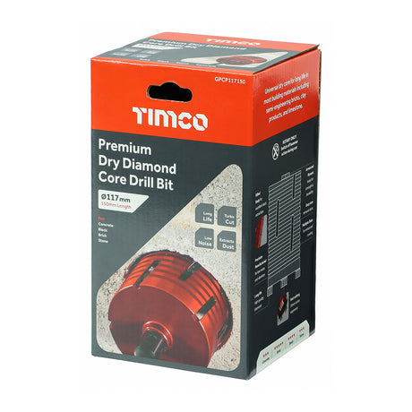 This is an image showing TIMCO Premium Dry Diamond Core Drill Bit - 117 x 150mm - 1 Each Box available from T.H Wiggans Ironmongery in Kendal, quick delivery at discounted prices.