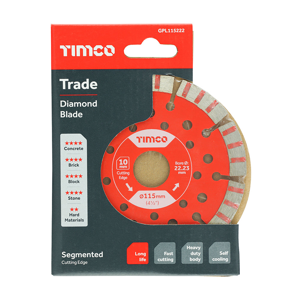 This is an image showing TIMCO Trade Diamond Blade - Segmented  - 115 x 22.2 - 1 Each Box available from T.H Wiggans Ironmongery in Kendal, quick delivery at discounted prices.