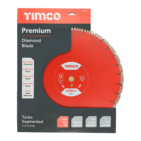 This is an image showing TIMCO Premium Diamond Blade - Turbo Segmented  - 450 x 25.4 - 1 Each Box available from T.H Wiggans Ironmongery in Kendal, quick delivery at discounted prices.