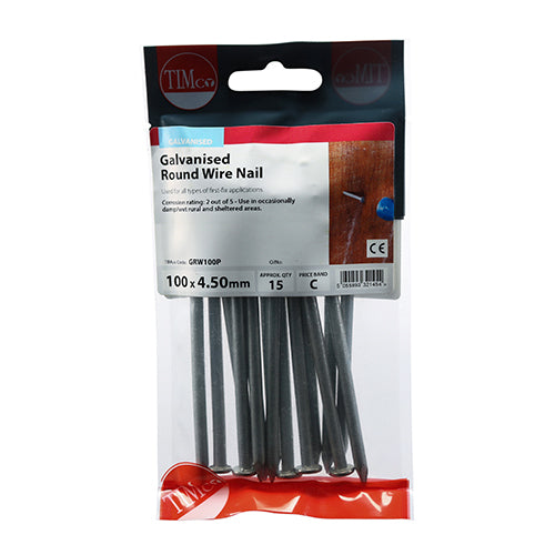 This is an image showing TIMCO Round Wire Nails - Galvanised - 100 x 4.50 - 15 Pieces TIMpac available from T.H Wiggans Ironmongery in Kendal, quick delivery at discounted prices.