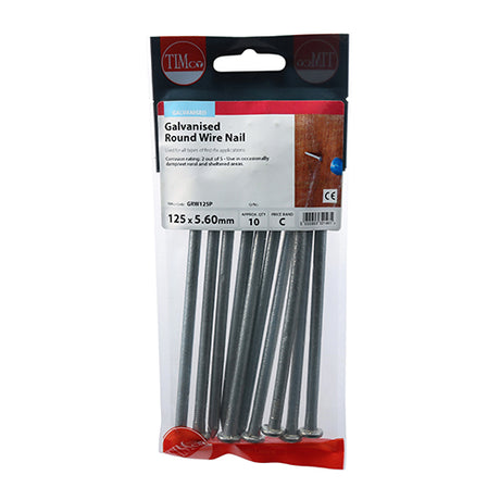 This is an image showing TIMCO Round Wire Nails - Galvanised - 125 x 5.60 - 10 Pieces TIMpac available from T.H Wiggans Ironmongery in Kendal, quick delivery at discounted prices.