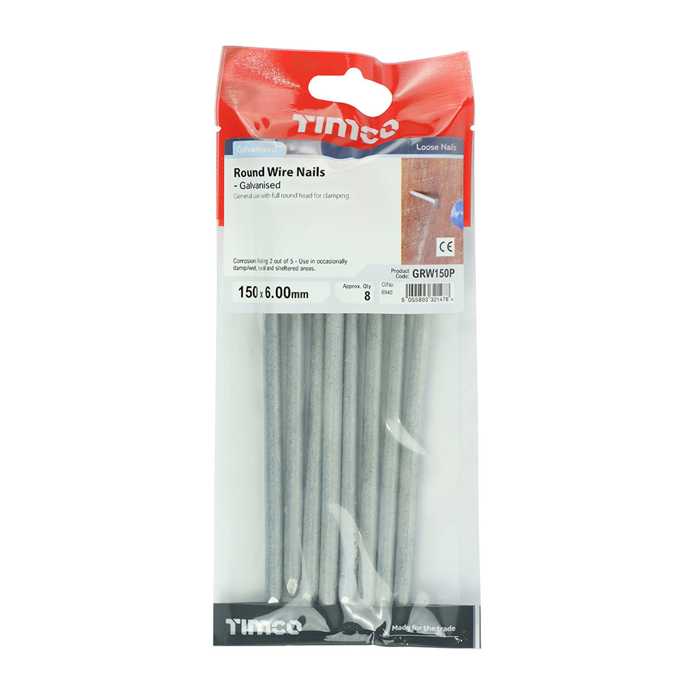 This is an image showing TIMCO Round Wire Nails - Galvanised - 150 x 6.00 - 8 Pieces TIMpac available from T.H Wiggans Ironmongery in Kendal, quick delivery at discounted prices.